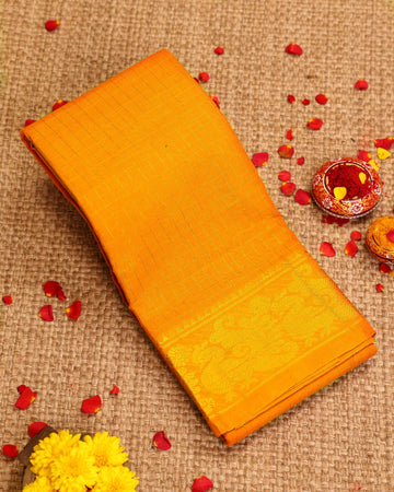 Traditional Sungudi Cotton Saree with Checked Pattern and Rich Zari Peacock Border -Yellow