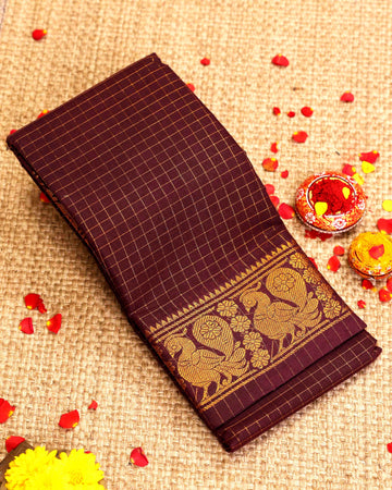 Traditional Sungudi Cotton Saree with Checked Pattern and Rich Zari Peacock Border - Dark Purple