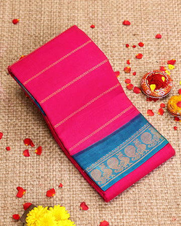Traditional Sungudi Cotton Saree with Striped Body and Rich Zari Border - Pink