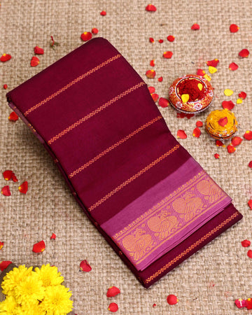 Traditional Sungudi Cotton Saree with Striped Body and Rich Zari Border - Maroon