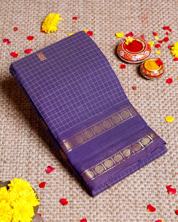Handloom Sungudi Cotton Saree with Zari Checks and Traditional Border Design - Purple