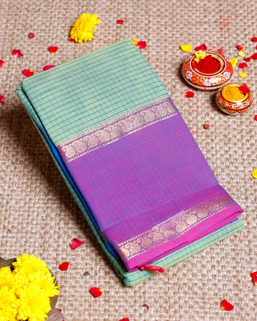 Handloom Sungudi Cotton Saree with Traditional Checks and Contrast Border - Green