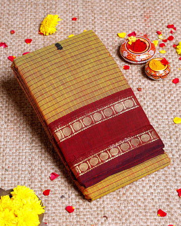 Handloom Sungudi Cotton Saree with Zari Checks and Traditional Border Design - Mustard