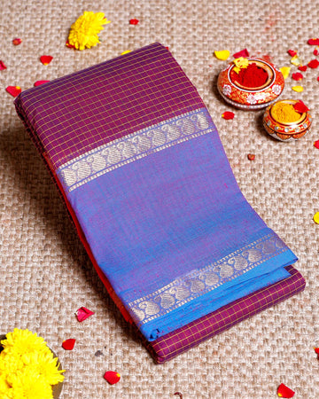 Handloom Sungudi Cotton Saree with Traditional Checks and Contrast Border - Purple