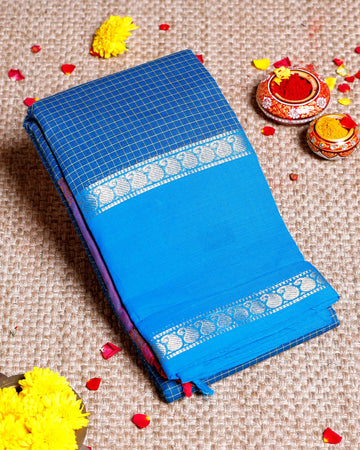Handloom Sungudi Cotton Saree with Traditional Checks and Contrast Border - Blue