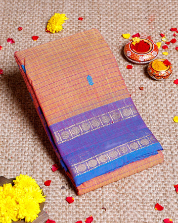 Handloom Sungudi Cotton Saree with Zari Checks and Traditional Border Design - Orange
