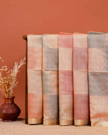 Exquisite Handwoven Semi Silk Saree with Striped Design and Zari Border - Peach