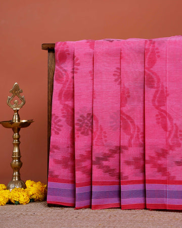 Traditional Bengal Cotton Saree with Floral Block Print and Striped Border - Pink