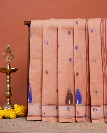 Handloom Bengal Cotton Saree with Traditional Jamdani Motifs and Border Detailing - Peach