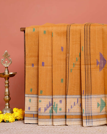 Handloom Bengal Cotton Saree with Traditional Jamdani Motifs and Border Detailing - Orange