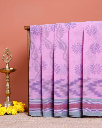Traditional Bengal Cotton Saree with Floral Block Print and Striped Border - Pink