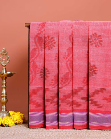 Traditional Bengal Cotton Saree with Floral Block Print and Striped Border - Red