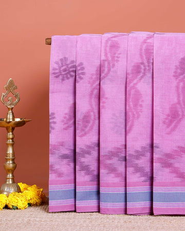 Traditional Bengal Cotton Saree with Floral Block Print and Striped Border - Pink