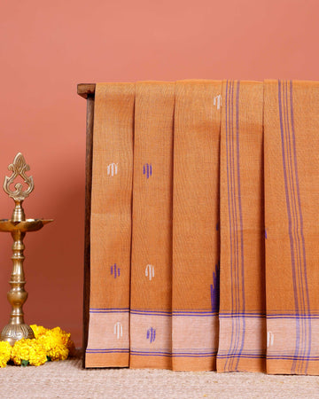 Handloom Bengal Cotton Saree with Traditional Jamdani Motifs and Border Detailing - Orange