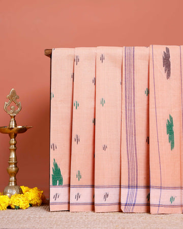 Handloom Bengal Cotton Saree with Traditional Jamdani Motifs and Border Detailing - Peach