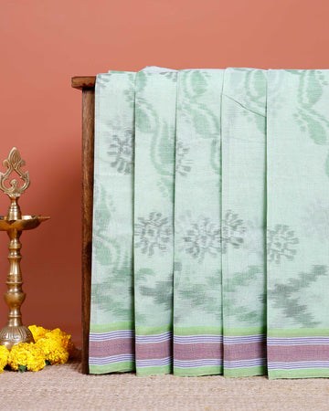 Traditional Bengal Cotton Saree with Floral Block Print and Striped Border - Green