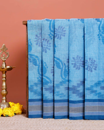 Traditional Bengal Cotton Saree with Floral Block Print and Striped Border - Blue