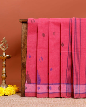 Handloom Bengal Cotton Saree with Traditional Jamdani Motifs and Border Detailing - Red