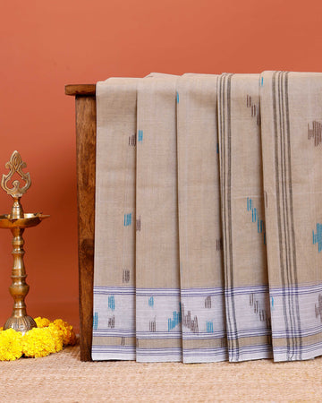 Handloom Bengal Cotton Saree with Traditional Jamdani Motifs and Border Detailing - Light Brown
