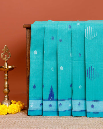 Handloom Bengal Cotton Saree with Traditional Jamdani Motifs and Border Detailing - Blue