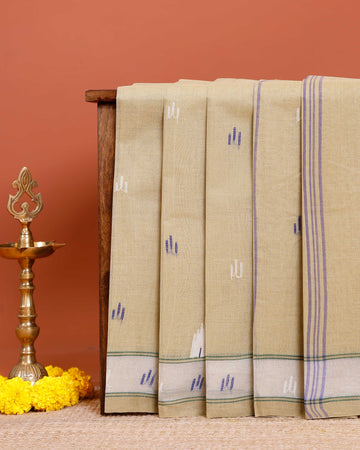 Handloom Bengal Cotton Saree with Traditional Jamdani Motifs and Border Detailing - Light Brown