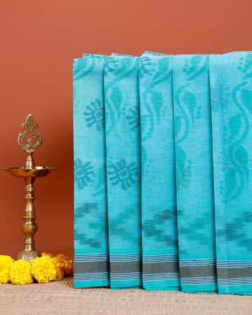 Traditional Bengal Cotton Saree with Floral Block Print and Striped Border - Blue