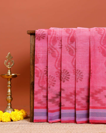 Traditional Bengal Cotton Saree with Floral Block Print and Striped Border - Pink