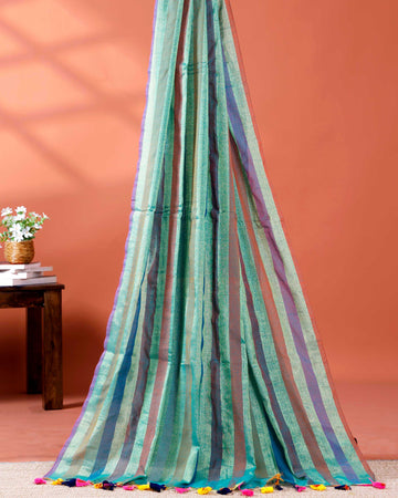 Handloom Mul Mul Cotton Saree with Vertical Stripe Pattern and Decorative Tassels - Teal
