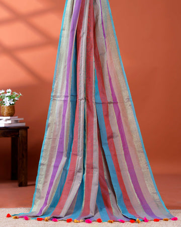 Handloom Mul Mul Cotton Saree with Vertical Stripe Pattern and Decorative Tassels - Multi