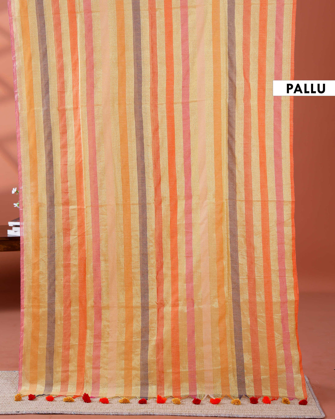 Handloom Mul Mul Cotton Saree with Vertical Stripe Pattern and Decorative Tassels - Multi