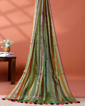 Handloom Mul Mul Cotton Saree with Vertical Stripe Pattern and Decorative Tassels - Multi