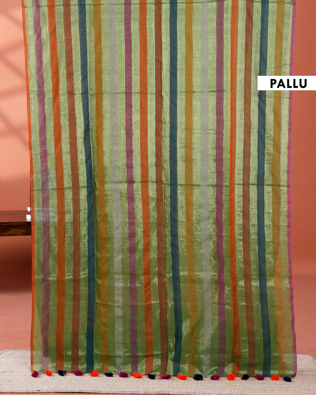 Handloom Mul Mul Cotton Saree with Vertical Stripe Pattern and Decorative Tassels - Multi