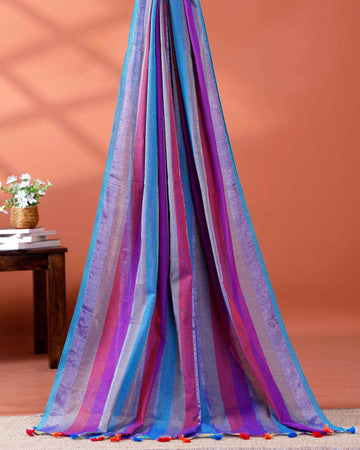 Handloom Mul Mul Cotton Saree with Vertical Stripe Pattern and Decorative Tassels - Multi