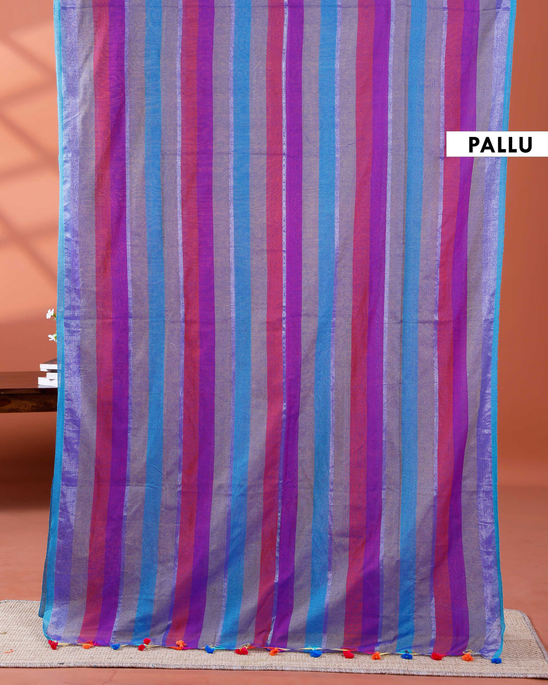 Handloom Mul Mul Cotton Saree with Vertical Stripe Pattern and Decorative Tassels - Multi