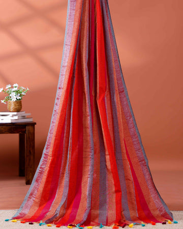 Handloom Mul Mul Cotton Saree with Vertical Stripe Pattern and Decorative Tassels - Multi