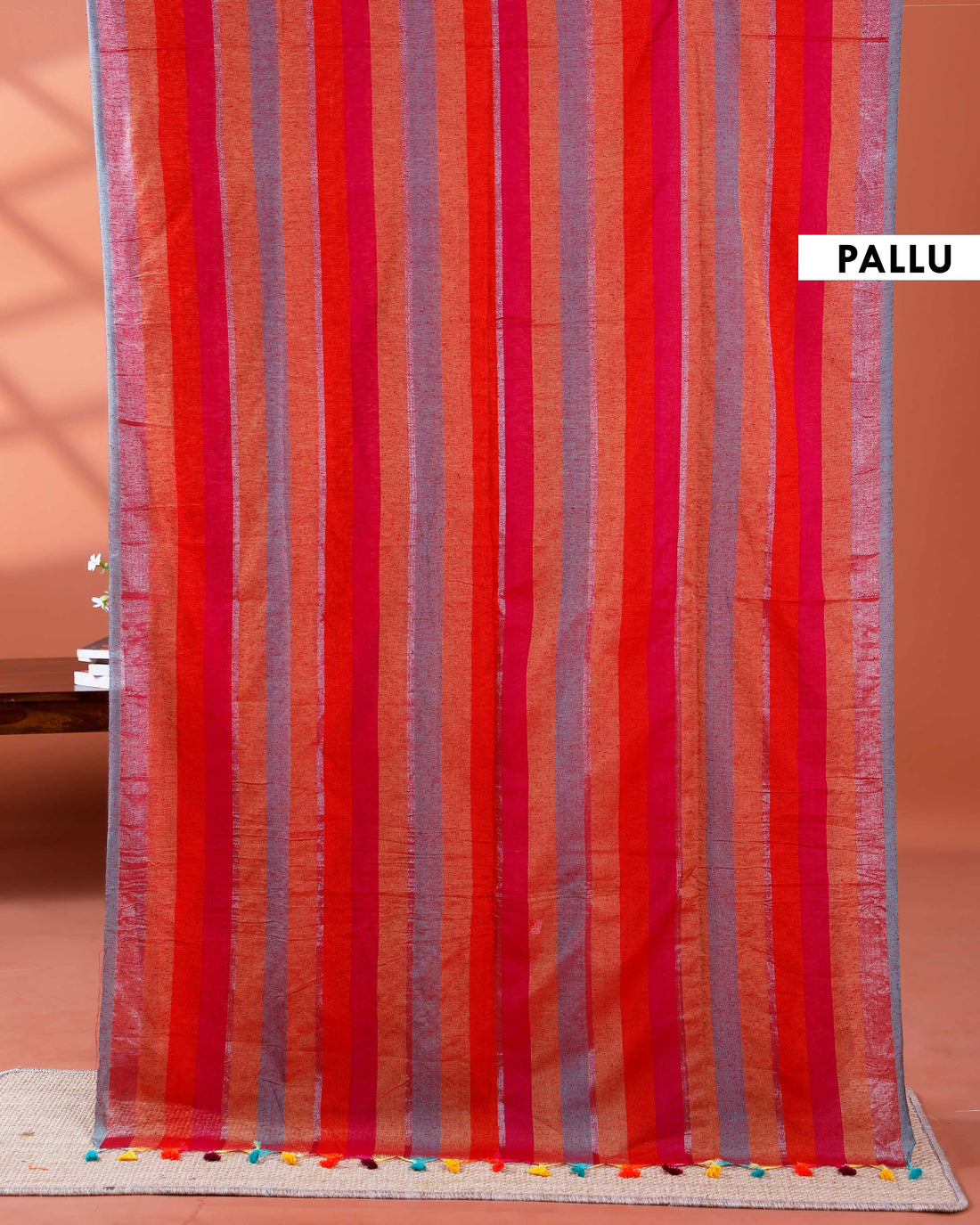 Handloom Mul Mul Cotton Saree with Vertical Stripe Pattern and Decorative Tassels - Multi
