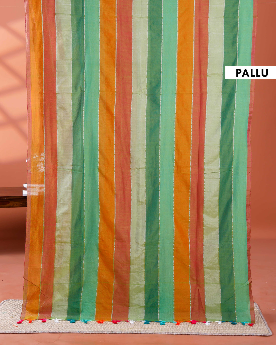 Handloom Mul Mul Cotton Saree with Vertical Stripe Pattern and Decorative Tassels - Multi