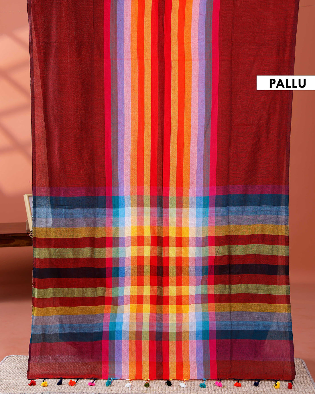Elegant Rainbow Cotton Saree with Striped Pattern and Tassel Border - Maroon