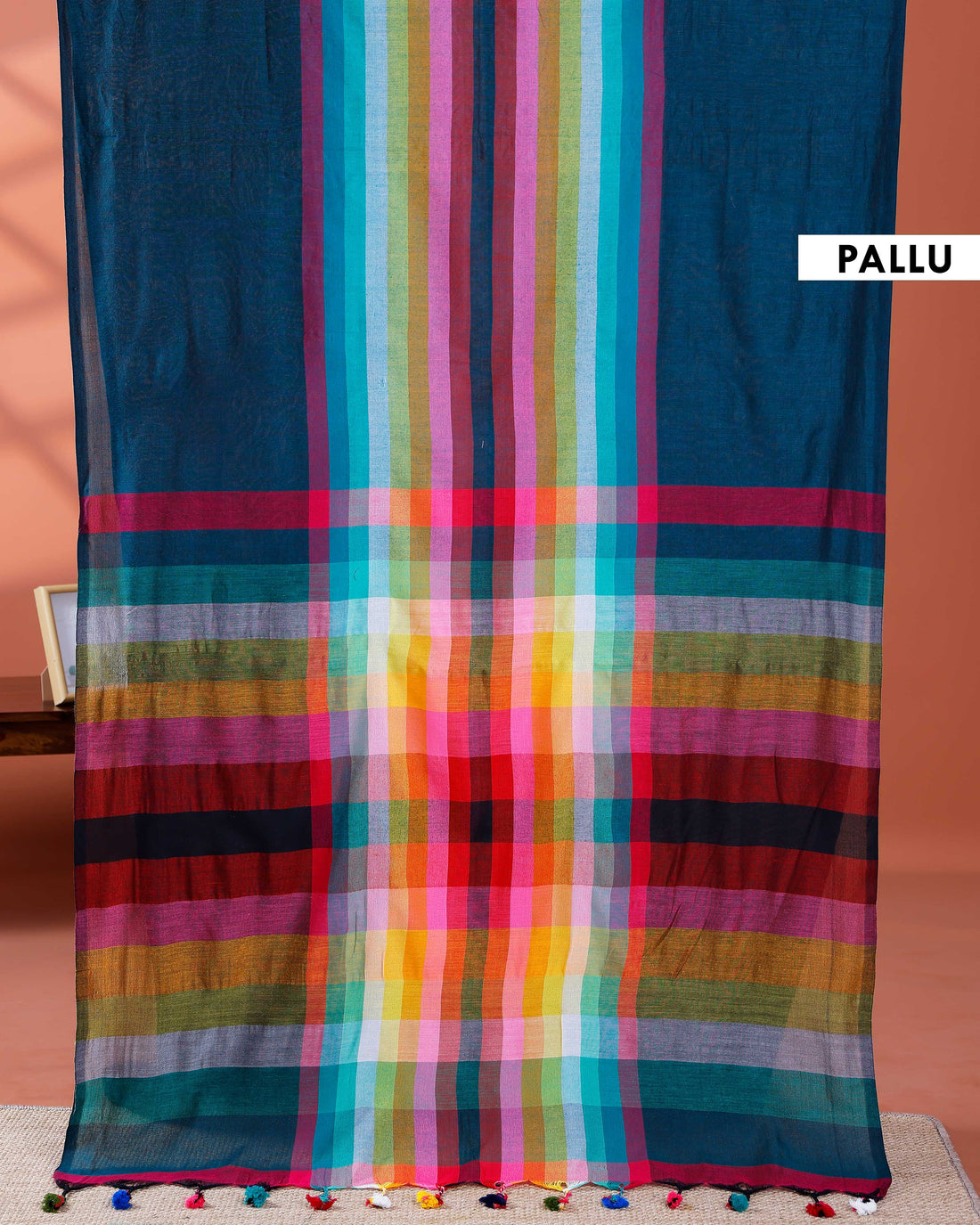 Elegant Rainbow Cotton Saree with Striped Pattern and Tassel Border - Teal
