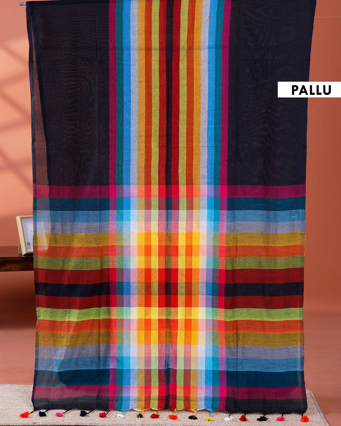 Elegant Rainbow Cotton Saree with Striped Pattern and Tassel Border - Black