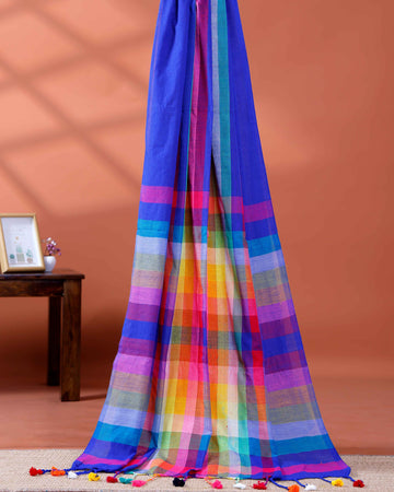 Elegant Rainbow Cotton Saree with Striped Pattern and Tassel Border - Blue