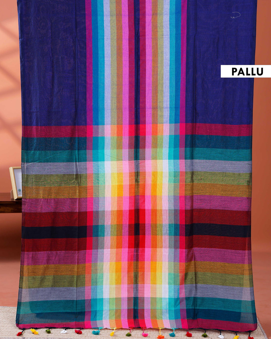 Elegant Rainbow Cotton Saree with Striped Pattern and Tassel Border - Dark Blue