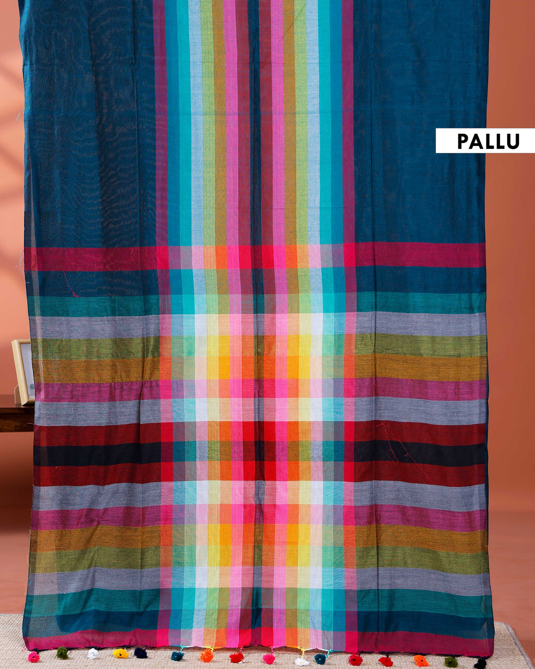 Elegant Rainbow Cotton Saree with Striped Pattern and Tassel Border - Teal