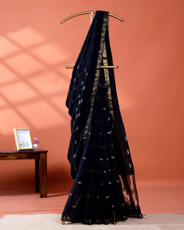 Elegant Golden Zari Cotton Saree With Zari Border and Motifs - Navy Blue