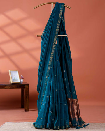Elegant Golden Zari Cotton Saree With Zari Border and Motifs - Teal