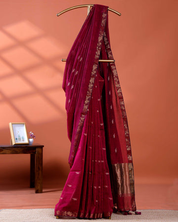 Elegant Golden Zari Cotton Saree With Zari Border and Motifs - Purple