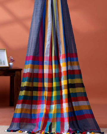 Handloom Mul Mul Cotton Saree with Vertical Stripe Pattern and Decorative Tassels - Grey