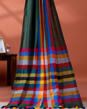 Handloom Mul Mul Cotton Saree with Vertical Stripe Pattern and Decorative Tassels - Green