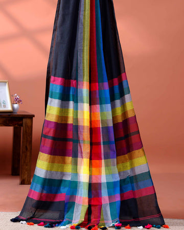 Handloom Mul Mul Cotton Saree with Vertical Stripe Pattern and Decorative Tassels - Black