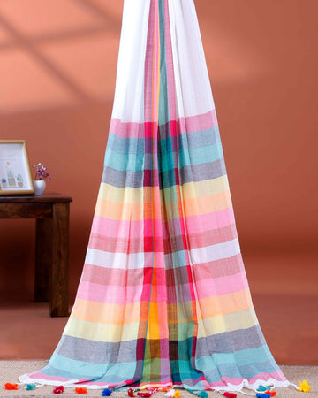 Handloom Mul Mul Cotton Saree with Vertical Stripe Pattern and Decorative Tassels -White